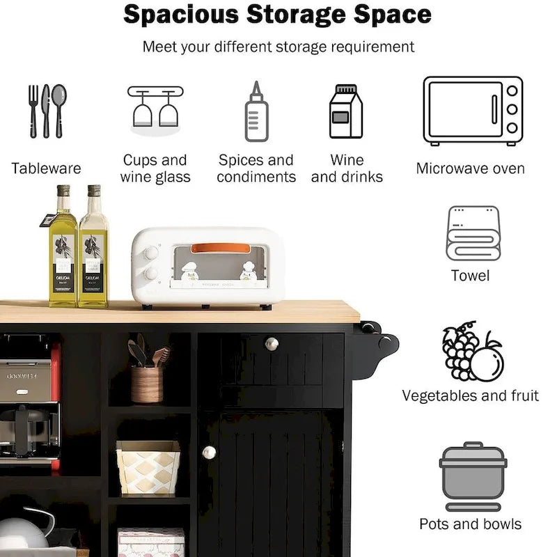 50.80 W Versatile Solid Wood Countertop Kitchen Island with Storage and Two Locking Wheels
