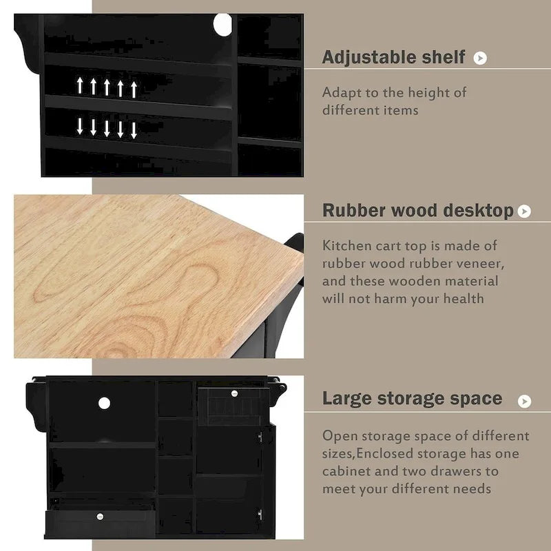 50.80 W Versatile Solid Wood Countertop Kitchen Island with Storage and Two Locking Wheels