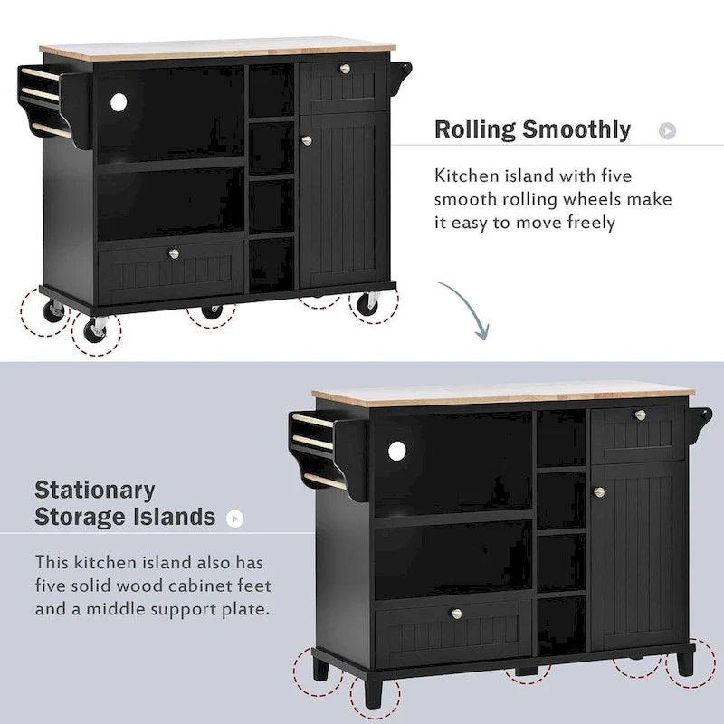 50.80 W Versatile Solid Wood Countertop Kitchen Island with Storage and Two Locking Wheels