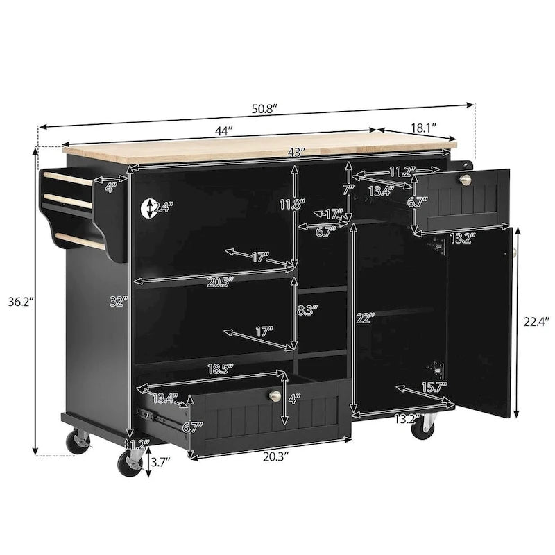 50.80 W Versatile Solid Wood Countertop Kitchen Island with Storage and Two Locking Wheels