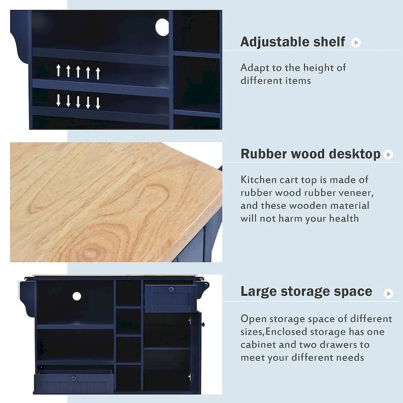 50.80 W Versatile Solid Wood Countertop Kitchen Island with Storage and Two Locking Wheels