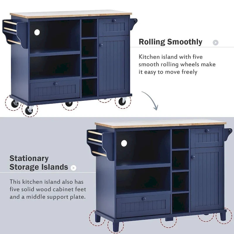 50.80 W Versatile Solid Wood Countertop Kitchen Island with Storage and Two Locking Wheels