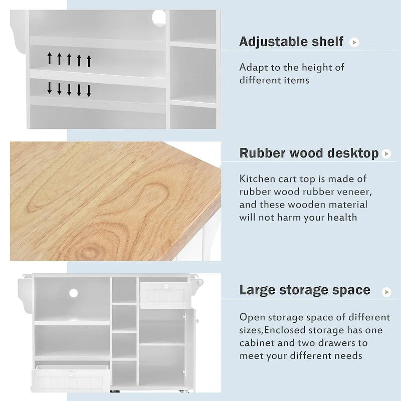 50.80 W Versatile Solid Wood Countertop Kitchen Island with Storage and Two Locking Wheels
