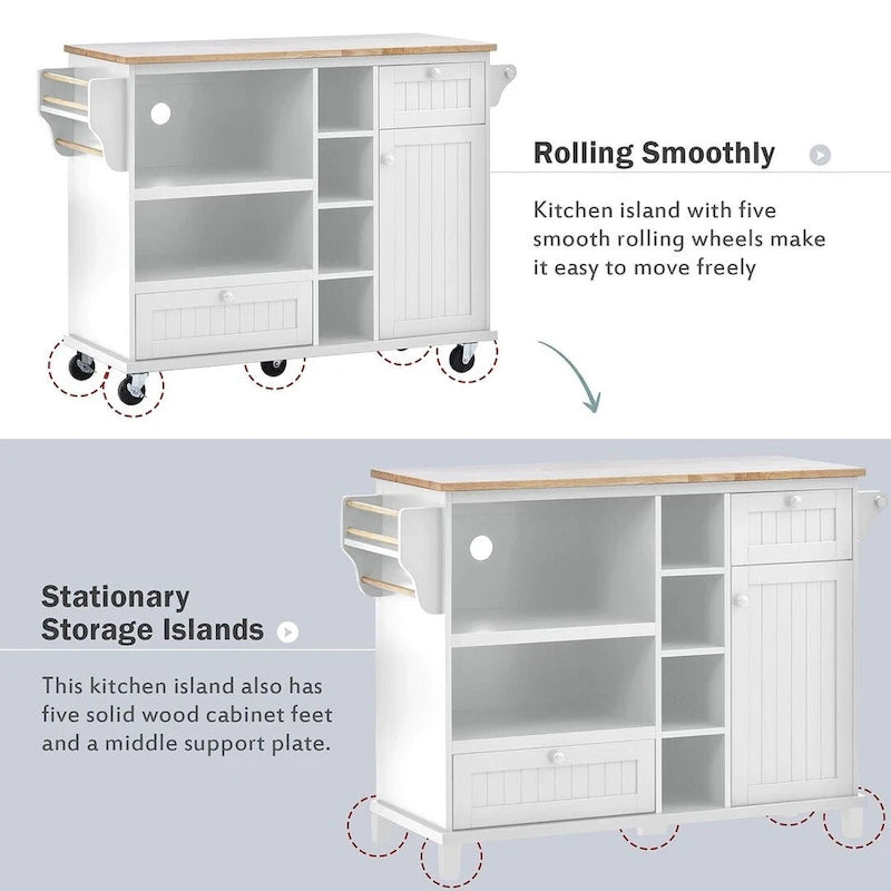 50.80 W Versatile Solid Wood Countertop Kitchen Island with Storage and Two Locking Wheels