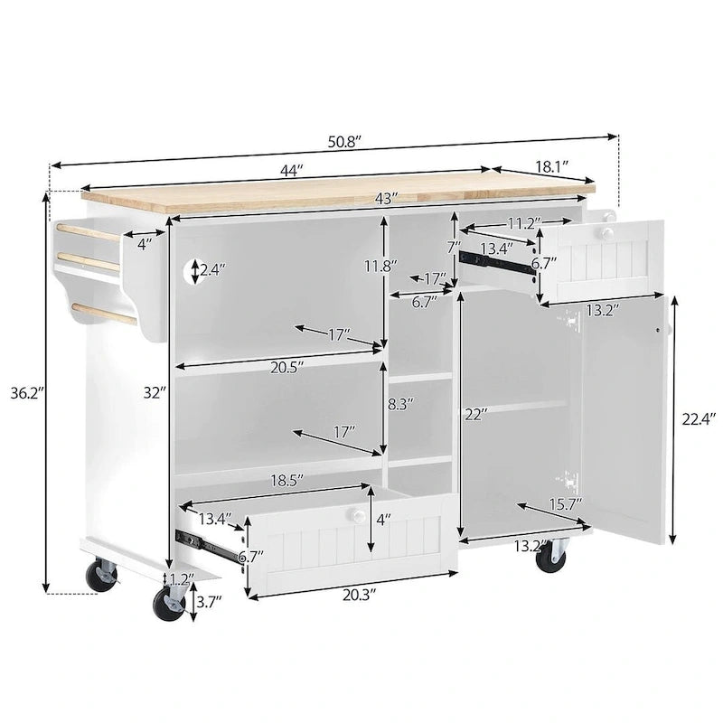 50.80 W Versatile Solid Wood Countertop Kitchen Island with Storage and Two Locking Wheels