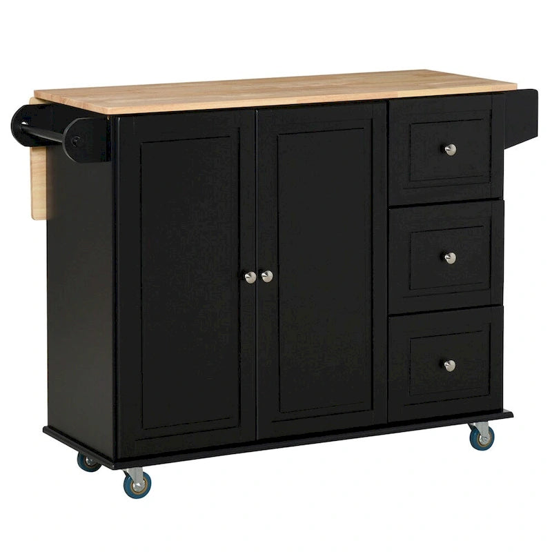Mobile Wood Kitchen Island with Drawers and Towel Rack - N/A