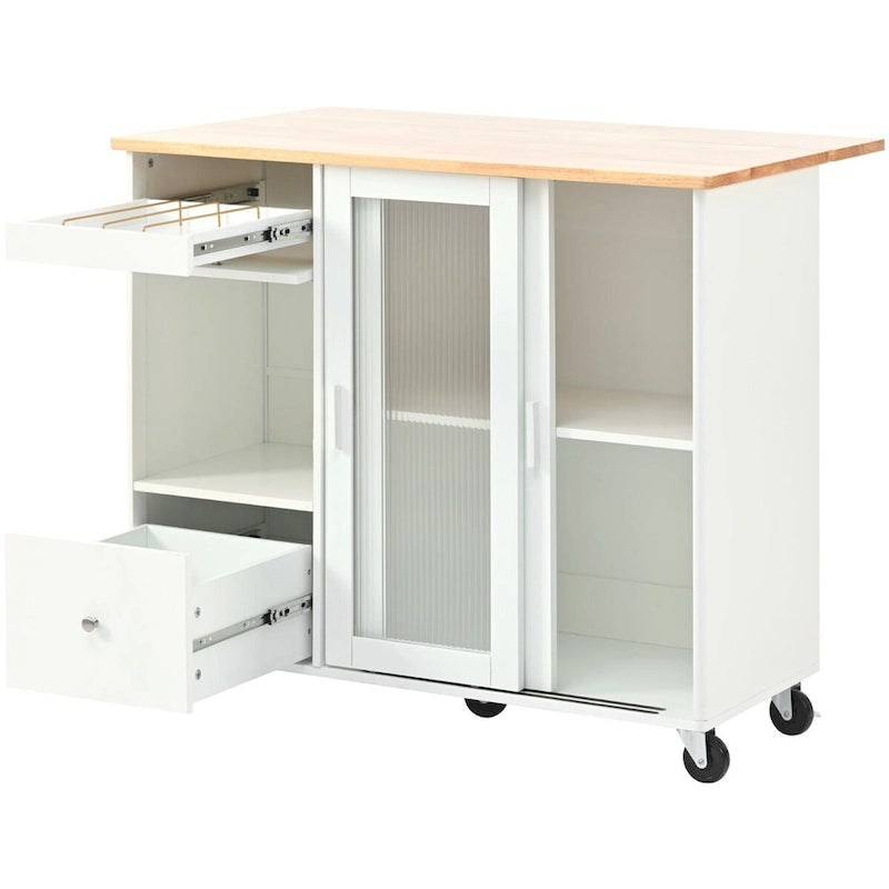 Rubberwood Kitchen Cart with Drop Leaf, Internal Storage Rack, Flip Cabinet Door, and 2 Drawers
