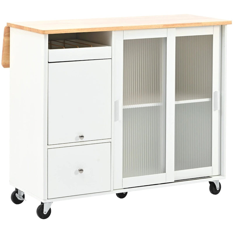 Rubberwood Kitchen Cart with Drop Leaf, Internal Storage Rack, Flip Cabinet Door, and 2 Drawers