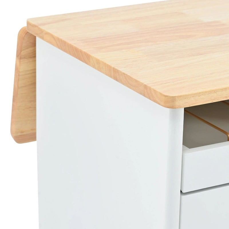 Rubberwood Kitchen Cart with Drop Leaf, Internal Storage Rack, Flip Cabinet Door, and 2 Drawers