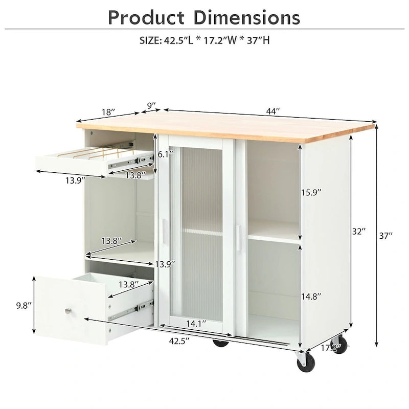 Rubberwood Kitchen Cart with Drop Leaf, Internal Storage Rack, Flip Cabinet Door, and 2 Drawers