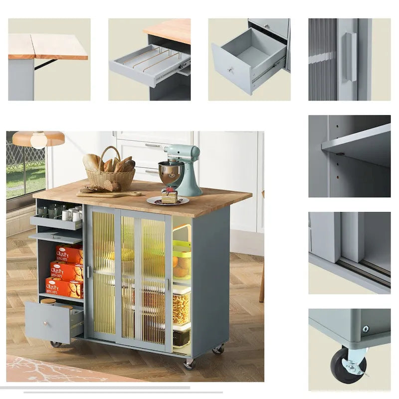 Rubberwood Kitchen Cart with Drop Leaf, Internal Storage Rack, Flip Cabinet Door, and 2 Drawers