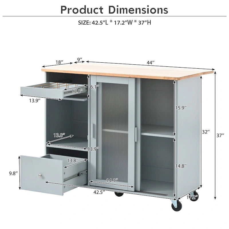Rubberwood Kitchen Cart with Drop Leaf, Internal Storage Rack, Flip Cabinet Door, and 2 Drawers
