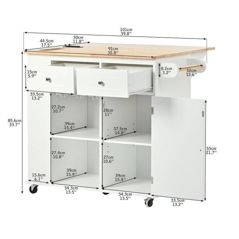 Drop Leaf Rubber Wood Kitchen Island with Power Outlet,Wine Rack