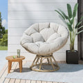 Brown Wicker Swivel Papasan Chair with Tufted Fabric Cushion