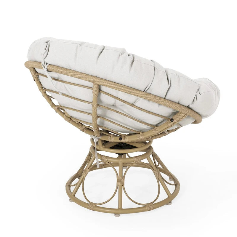 Brown Wicker Swivel Papasan Chair with Tufted Fabric Cushion
