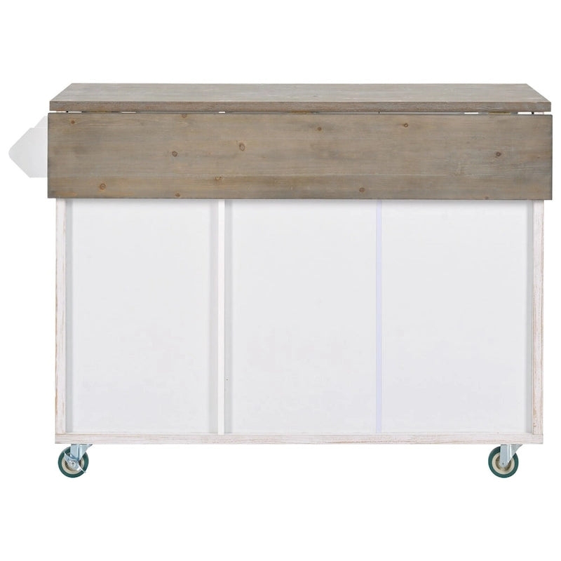 51.6 in. W Farmhouse Kitchen Island with Drop Leaf, Internal Storage Rack and Three Doors
