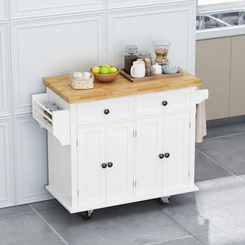 MDF Kitchen Cart with 4-Door and 2-Drawers, Spice Rack, Towel Rack