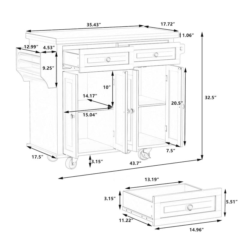 MDF Kitchen Cart with 4-Door and 2-Drawers, Spice Rack, Towel Rack