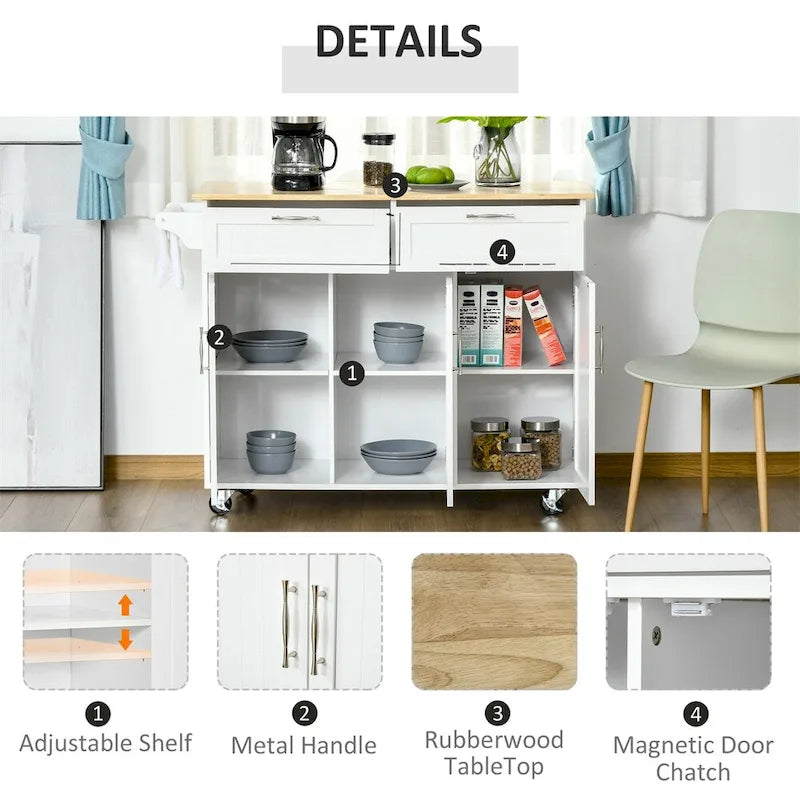 Mobile Wood Kitchen Island with Storage and Adjustable Shelves - N/A