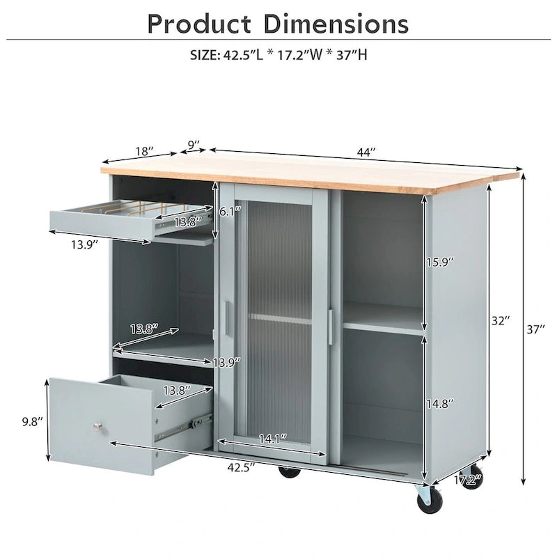 Kitchen Island Cart with Drop-Leaf Surface, LED Lighting, Fluted Glass Doors, Adjustable Shelf, and Two Drawers