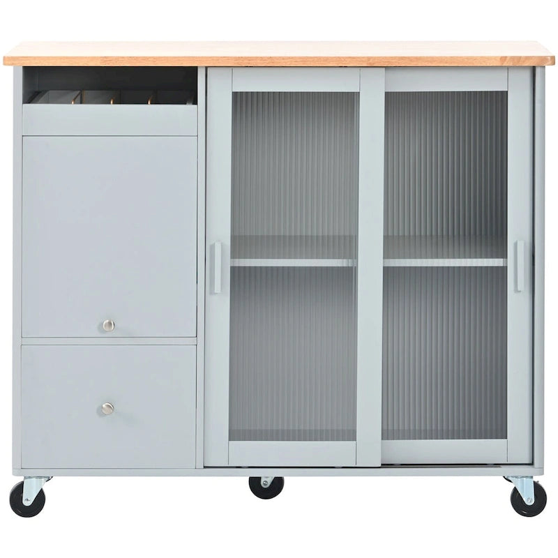 Kitchen Island Cart with Drop-Leaf Surface, LED Lighting, Fluted Glass Doors, Adjustable Shelf, and Two Drawers