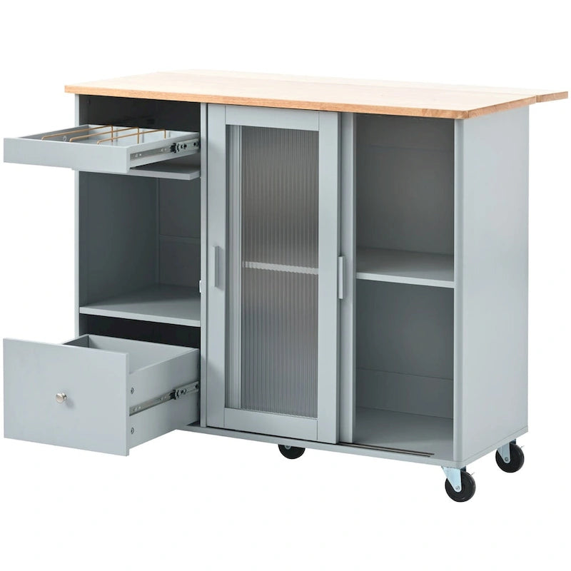 Kitchen Island Cart with Drop-Leaf Surface, LED Lighting, Fluted Glass Doors, Adjustable Shelf, and Two Drawers
