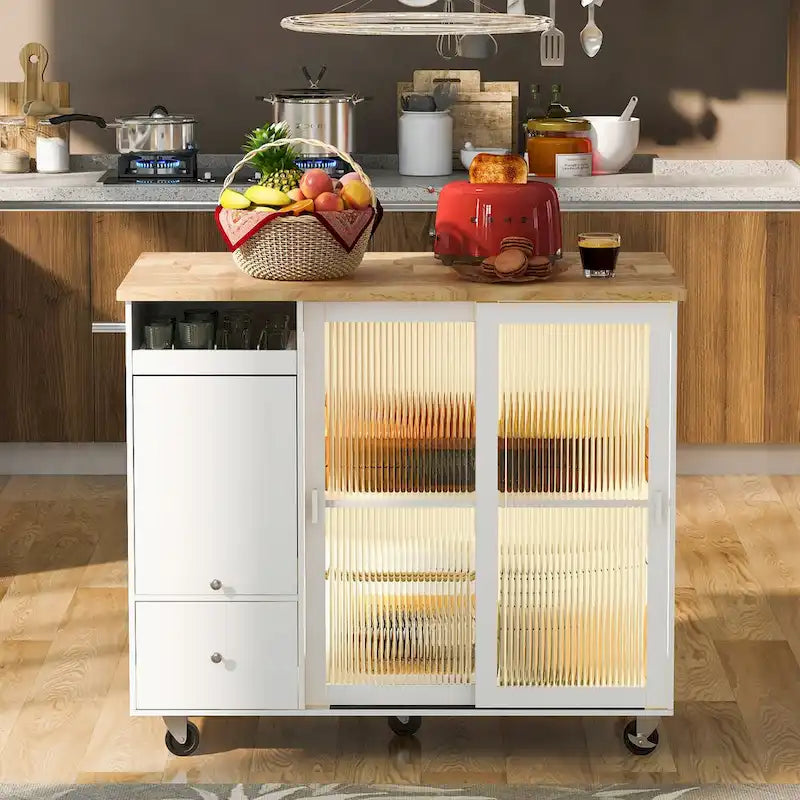 Kitchen Island Cart with Drop-Leaf Surface, LED Lighting, Fluted Glass Doors, Adjustable Shelf, and Two Drawers