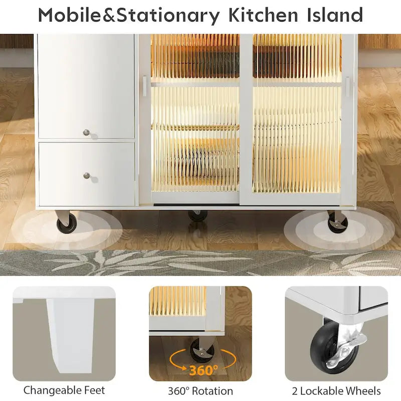 Kitchen Island Cart with Drop-Leaf Surface, LED Lighting, Fluted Glass Doors, Adjustable Shelf, and Two Drawers