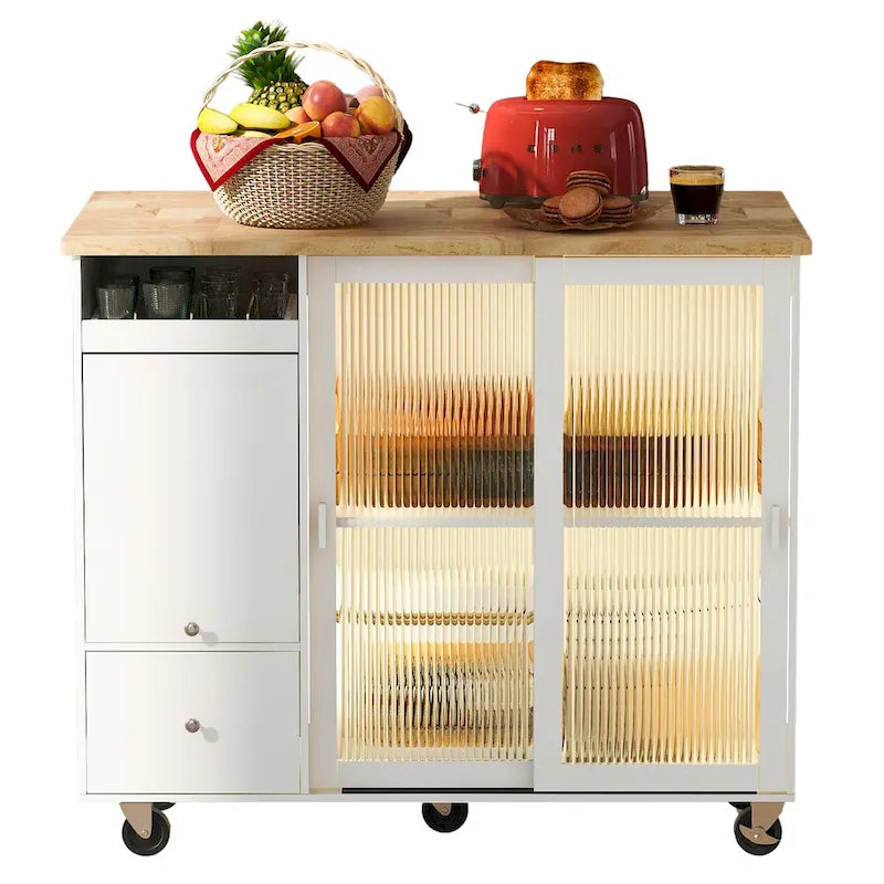 Kitchen Island Cart with Drop-Leaf Surface, LED Lighting, Fluted Glass Doors, Adjustable Shelf, and Two Drawers