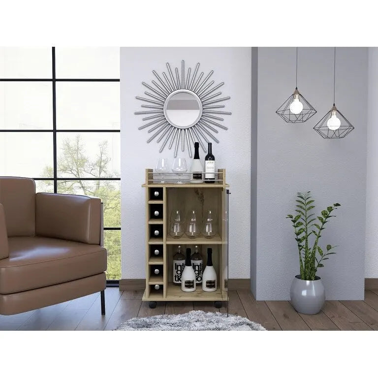 Bar Cart Baltimore, Two Tier Cabinet With Glass Door, Six Wine Cubbies, Light Oak Finish for Kitchen, Party and Living Room