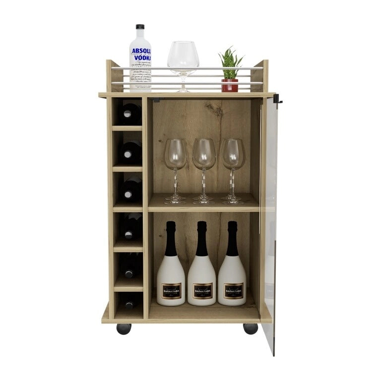 Bar Cart Baltimore, Two Tier Cabinet With Glass Door, Six Wine Cubbies, Light Oak Finish for Kitchen, Party and Living Room