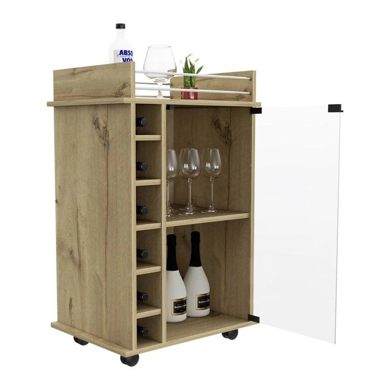 Bar Cart Baltimore, Two Tier Cabinet With Glass Door, Six Wine Cubbies, Light Oak Finish for Kitchen, Party and Living Room