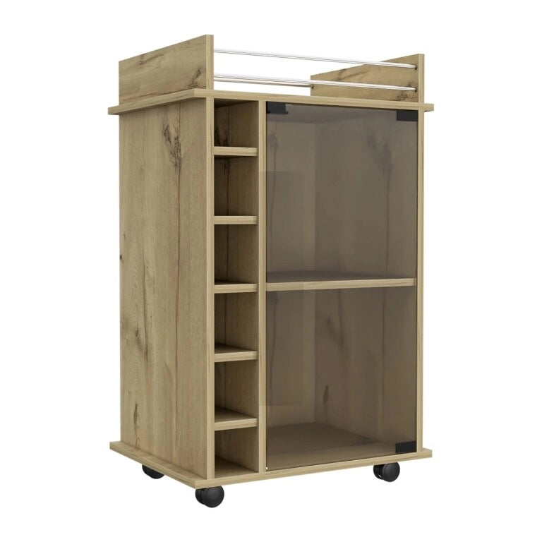 Bar Cart Baltimore, Two Tier Cabinet With Glass Door, Six Wine Cubbies, Light Oak Finish for Kitchen, Party and Living Room