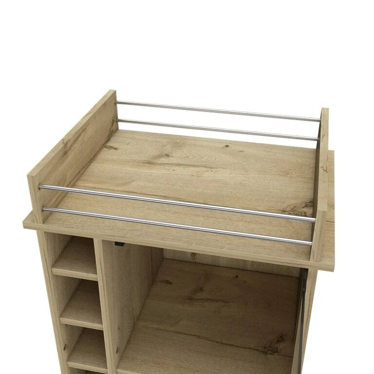 Bar Cart Baltimore, Two Tier Cabinet With Glass Door, Six Wine Cubbies, Light Oak Finish for Kitchen, Party and Living Room
