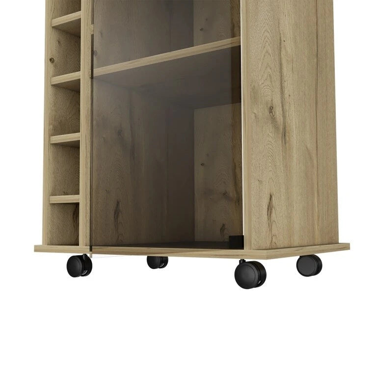 Bar Cart Baltimore, Two Tier Cabinet With Glass Door, Six Wine Cubbies, Light Oak Finish for Kitchen, Party and Living Room