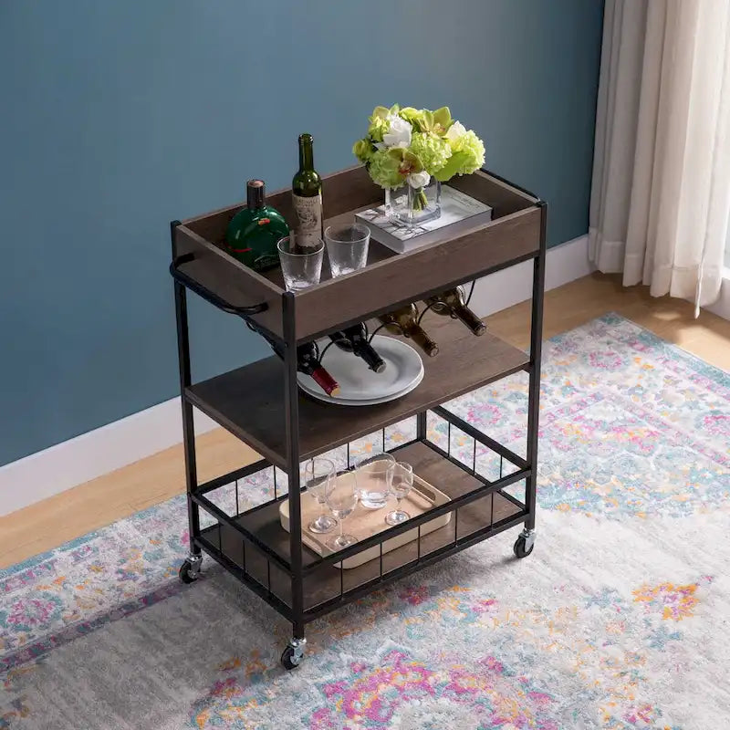 Rolling Kitchen Cart with Three Tier Storage and Four Wine Bottle Rack