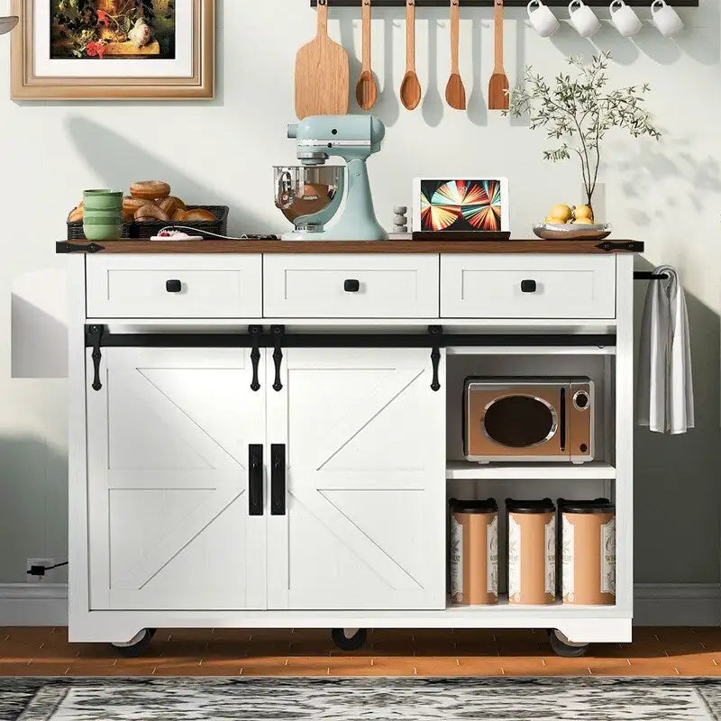 Farmhouse Kitchen Island with Power Outlet, Rolling Kitchen Cart with Drop Leaf