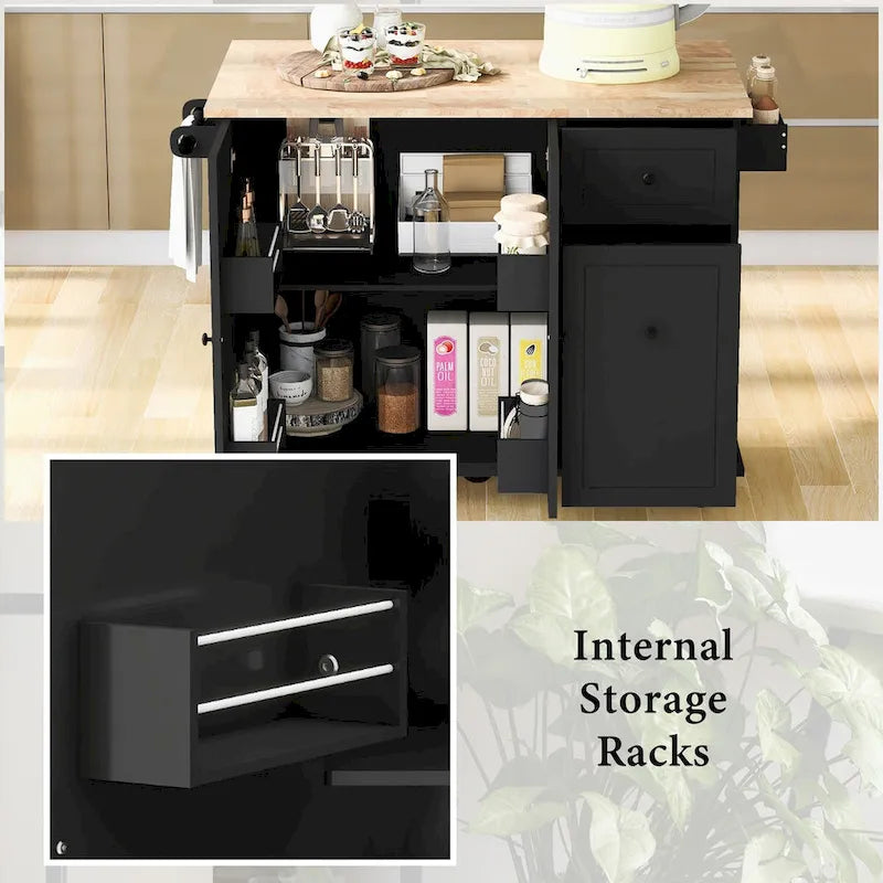 Kitchen Island with Drop Leaf, 53.9 Width Rolling Kitchen Cart on Wheels with Internal Storage Rack
