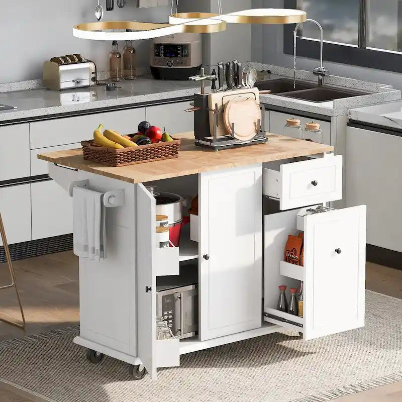 Kitchen Island with Drop Leaf, 53.9 Width Rolling Kitchen Cart on Wheels with Internal Storage Rack
