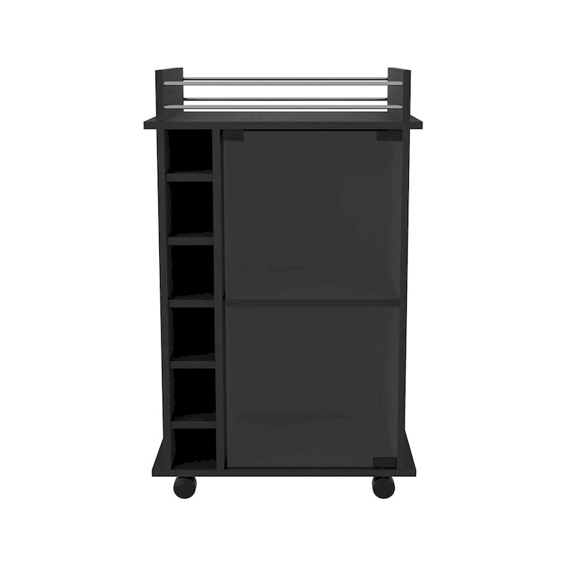 Bar Cart Baltimore, Two Tier Cabinet With Glass Door, Six Wine Cubbies, Black Wengue Finish for Kitchen, Party and Living Room