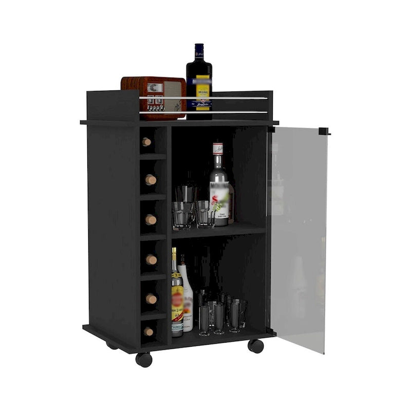 Bar Cart Baltimore, Two Tier Cabinet With Glass Door, Six Wine Cubbies, Black Wengue Finish for Kitchen, Party and Living Room
