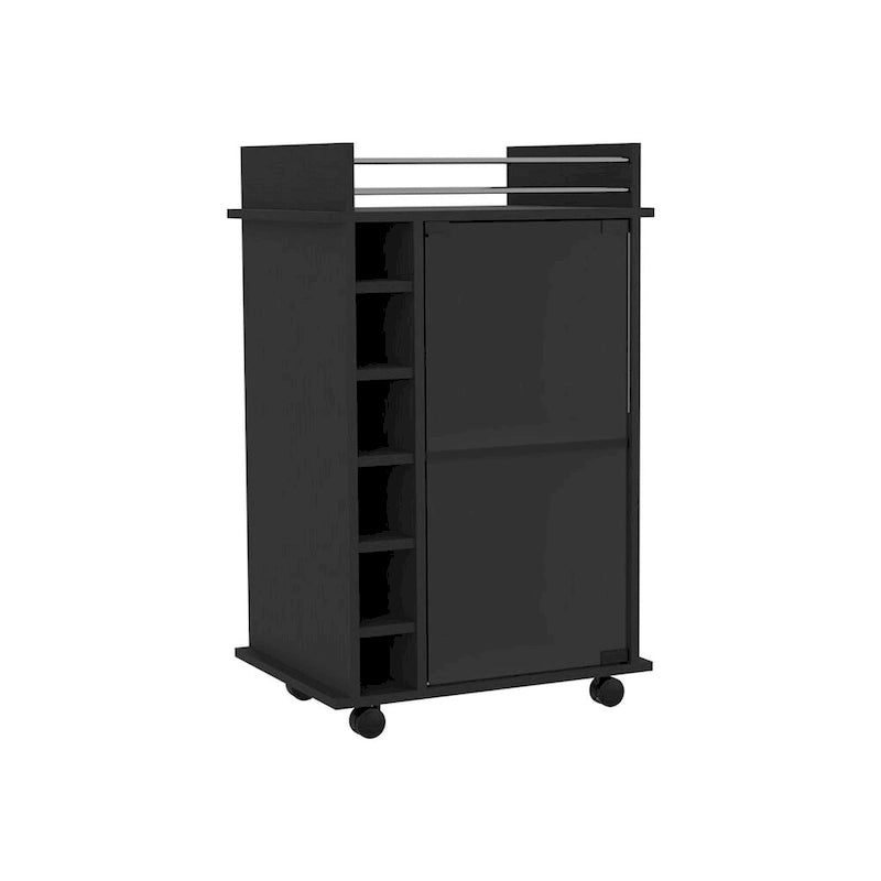 Bar Cart Baltimore, Two Tier Cabinet With Glass Door, Six Wine Cubbies, Black Wengue Finish for Kitchen, Party and Living Room