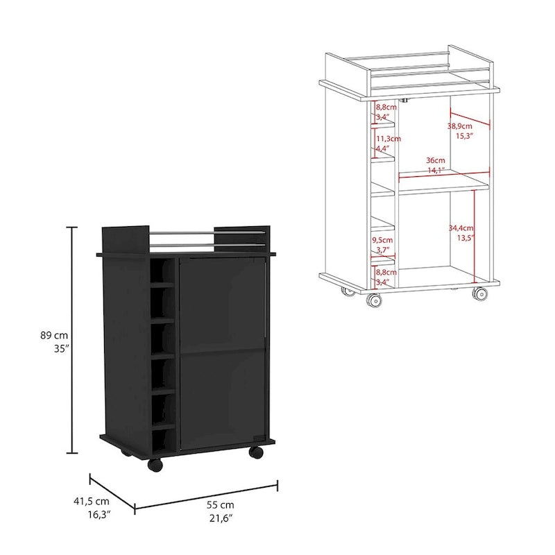 Bar Cart Baltimore, Two Tier Cabinet With Glass Door, Six Wine Cubbies, Black Wengue Finish for Kitchen, Party and Living Room