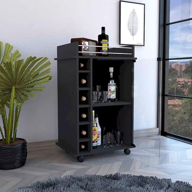 Bar Cart Baltimore, Two Tier Cabinet With Glass Door, Six Wine Cubbies, Black Wengue Finish for Kitchen, Party and Living Room