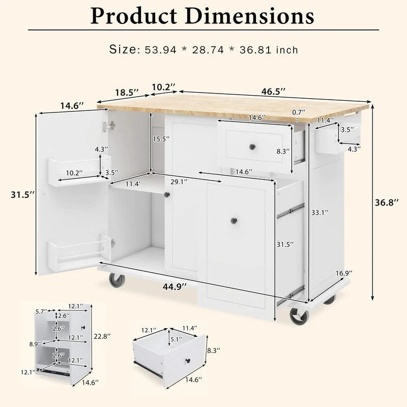 Kitchen Island with Drop Leaf, Rolling Kitchen Cart with Internal Storage Rack
