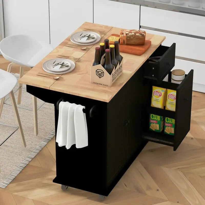 Kitchen Island with Drop Leaf, Rolling Kitchen Cart with Internal Storage Rack