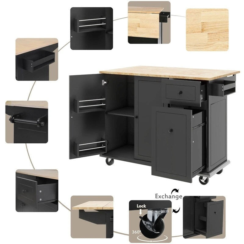 Kitchen Island with Drop Leaf, Rolling Kitchen Cart with Internal Storage Rack