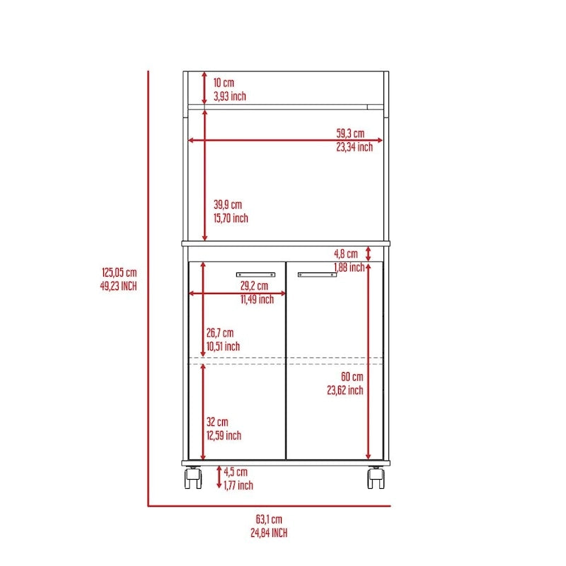 Kira Kitchen Kart, Double Door Cabinet, One Open Shelf, Two Interior Shelves -White