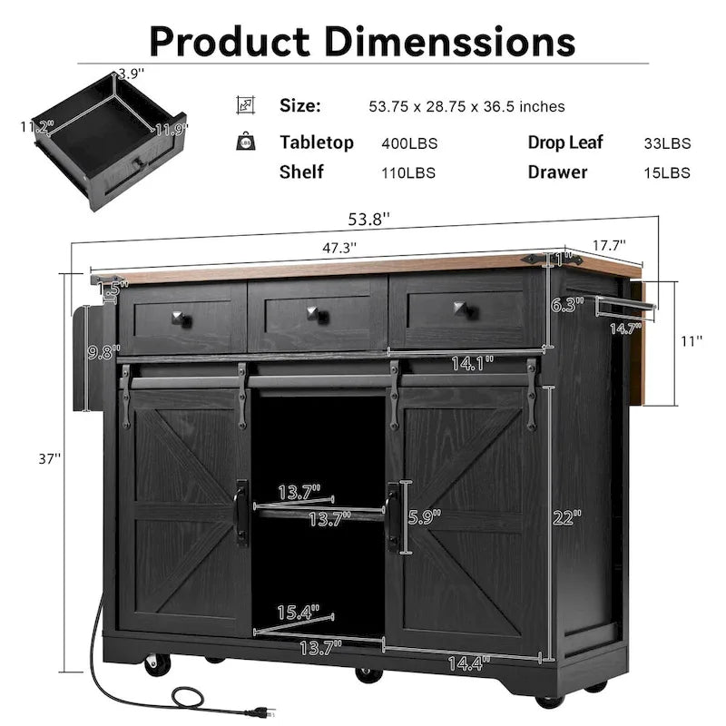 53.7 Farmhouse Kitchen Island with Power Outlet