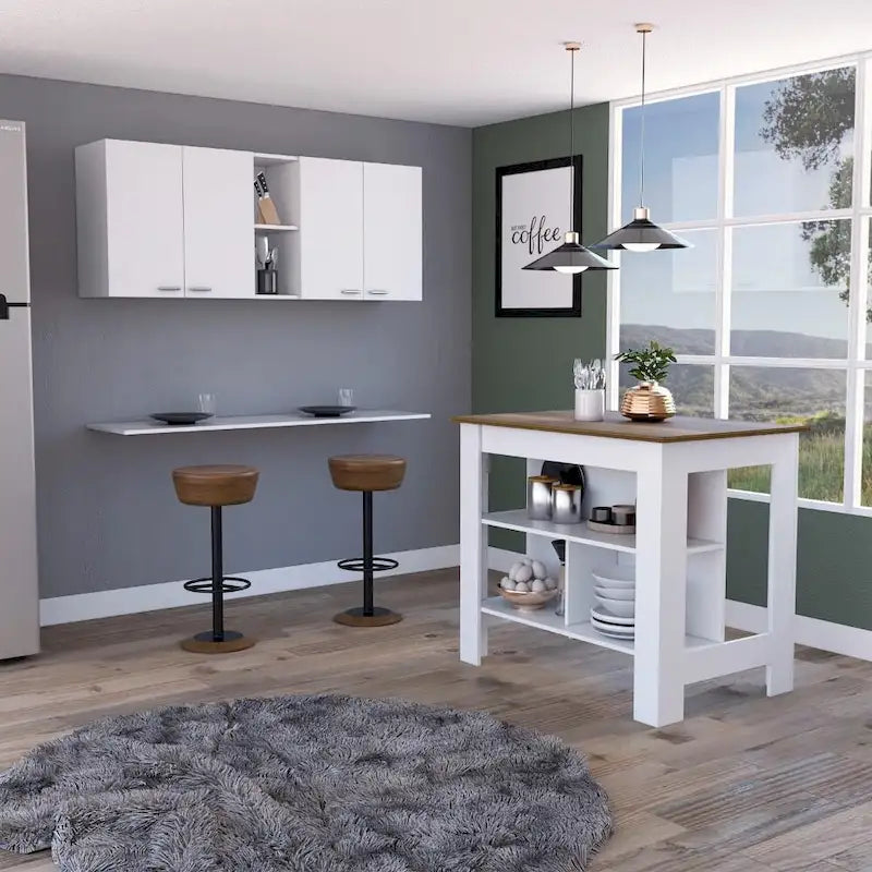 Sierra 7-Shelf 4-Door 2-piece Kitchen Set, Upper Wall Cabinet and Kitchen Island White and Light Oak